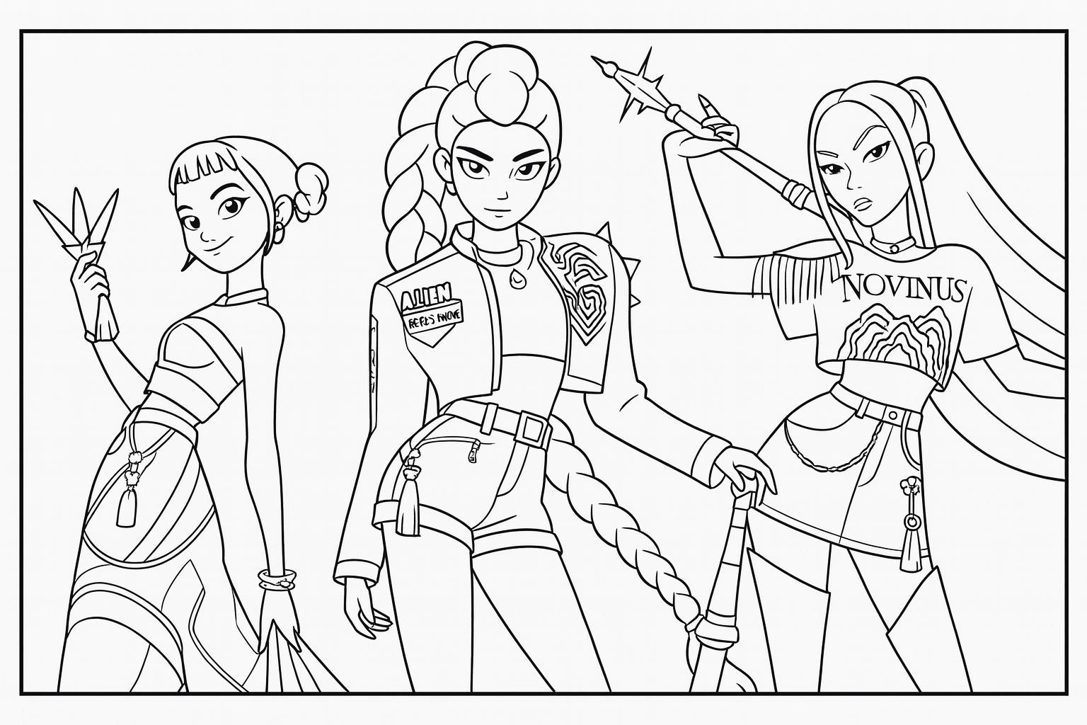 Free Rumi Mira Zoey Group Pose Coloring Pages KPop Demon Hunters Printable 